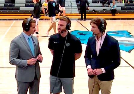 Pequeno, Brown, and McKurdy talk before a CGCC basketball game. 